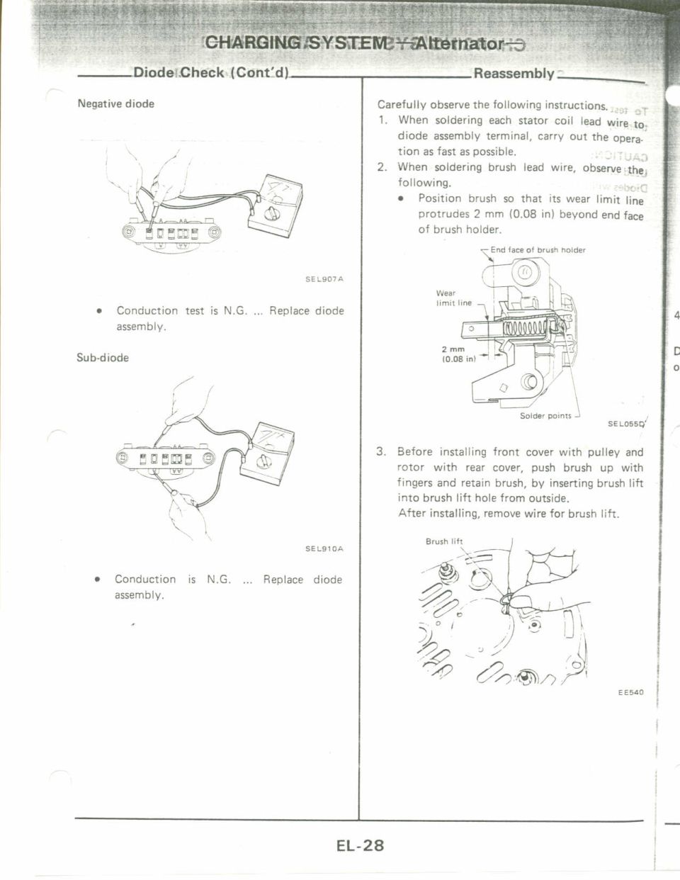 Alternator diode check and reassembly instructions with brush positioning detail