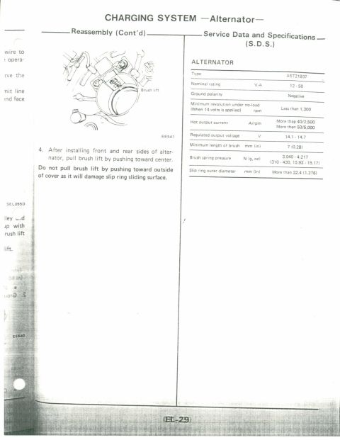 1990 Nissan Micra - This page from a service manual details alternator specifications and reassembly instructions.