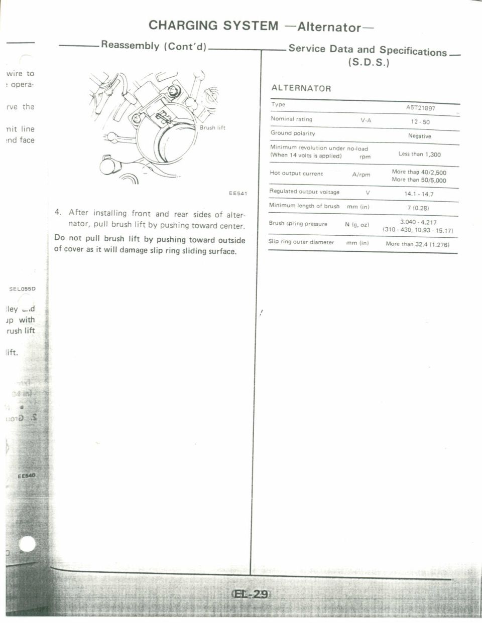 Alternator reassembly and specifications page from a vehicle service manual