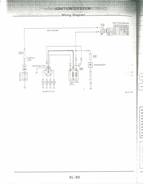 1990 Nissan Micra - This diagram illustrates the ignition system's wiring, detailing components like the battery, distributor, and ignition coil.