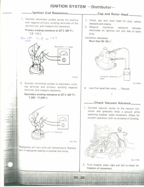 1990 Nissan Micra - This document details the ignition system distributor, providing instructions for testing coil resistance and inspecting the cap and rotor…