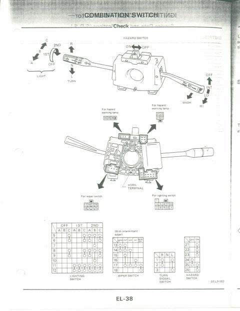 1990 Nissan Micra - This diagram illustrates the combination switch, detailing its functions and wiring connections for various vehicle systems.