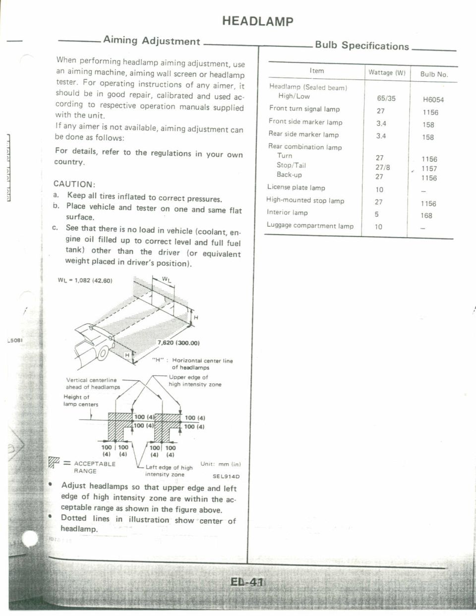 Service manual page on headlamp aiming adjustment with bulb specs table and beam diagram.