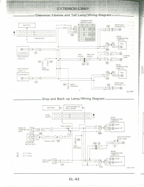 1990 Nissan Micra - Diagram shows wiring for exterior lamps, including clearance, license, tail, stop, and back-up lights.