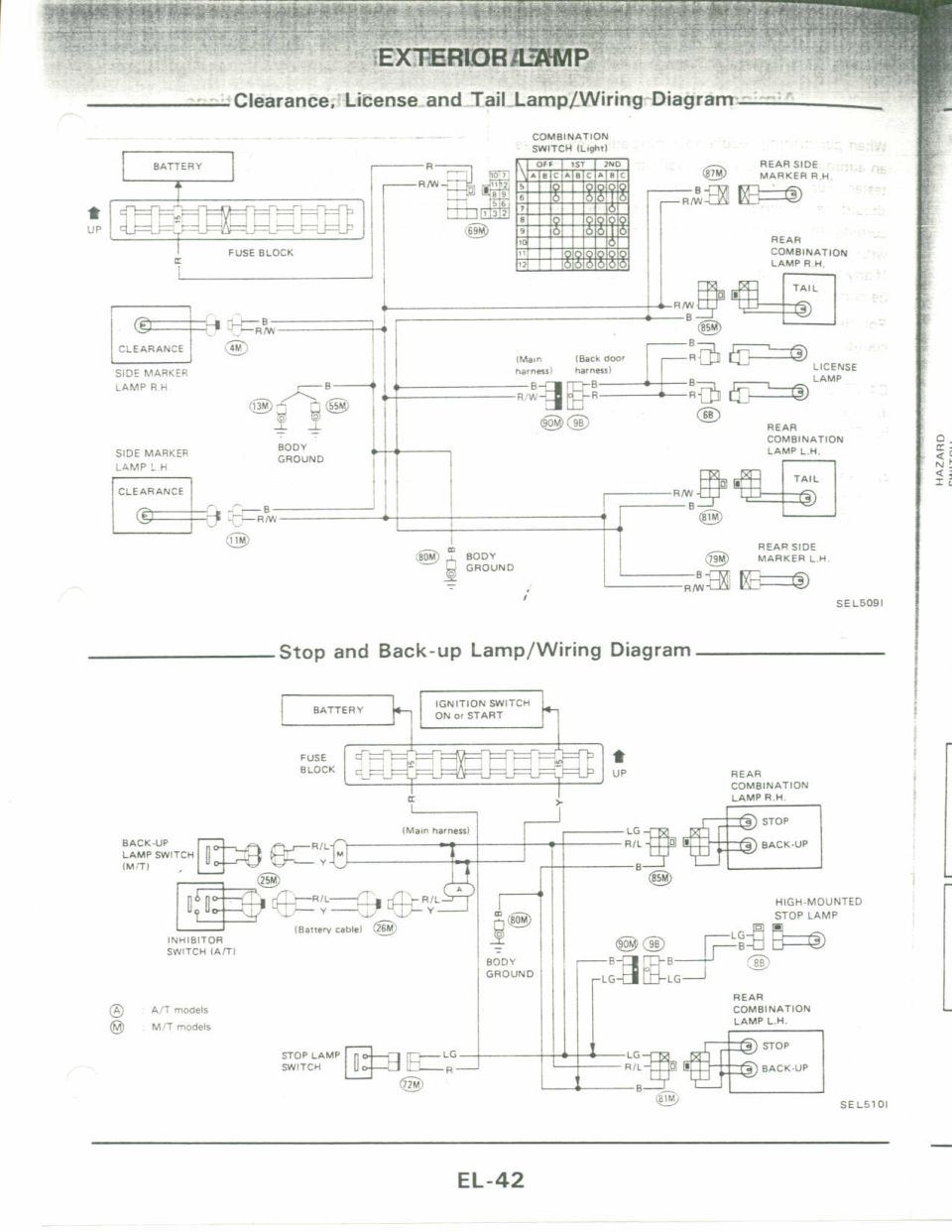 Clearance, License and Tail Lamp plus Stop and Back-up Lamp Wiring Diagrams (Nissan FSM EL-42)