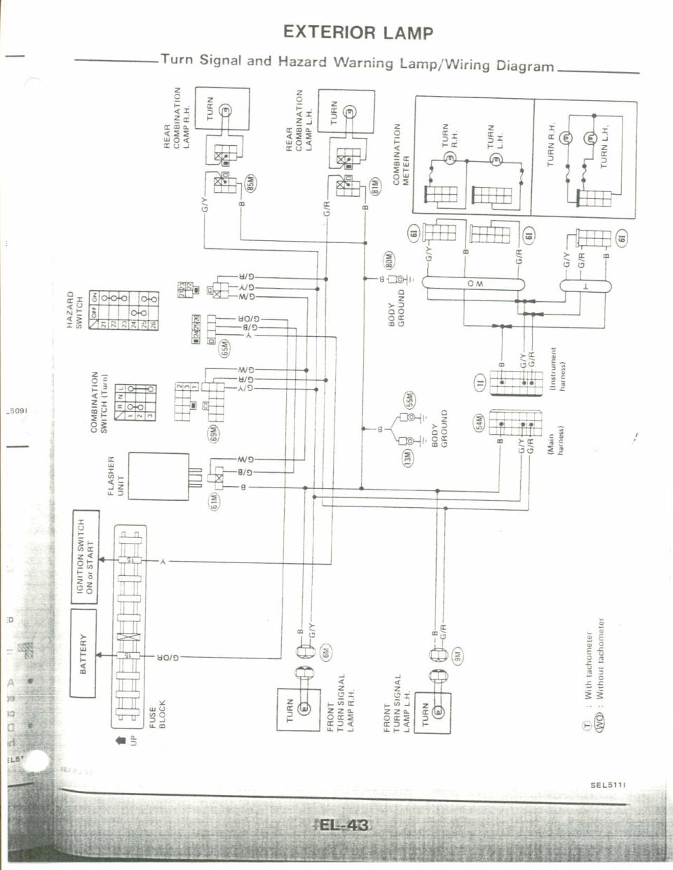 Turn Signal and Hazard Warning Lamp Wiring Diagram with flasher unit and combination switch (Nissan FSM EL-43)