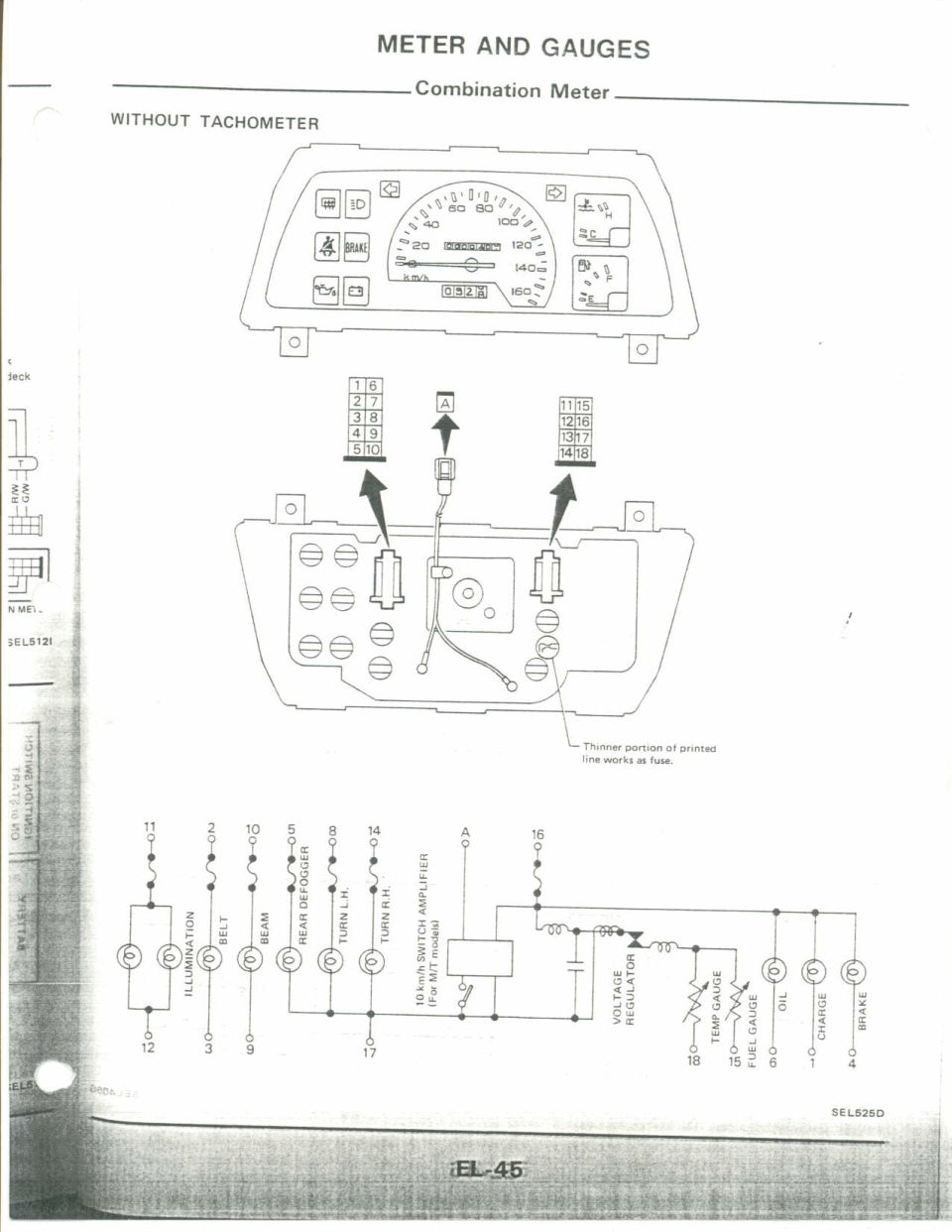Combination meter without tachometer with connector and gauge wiring diagram