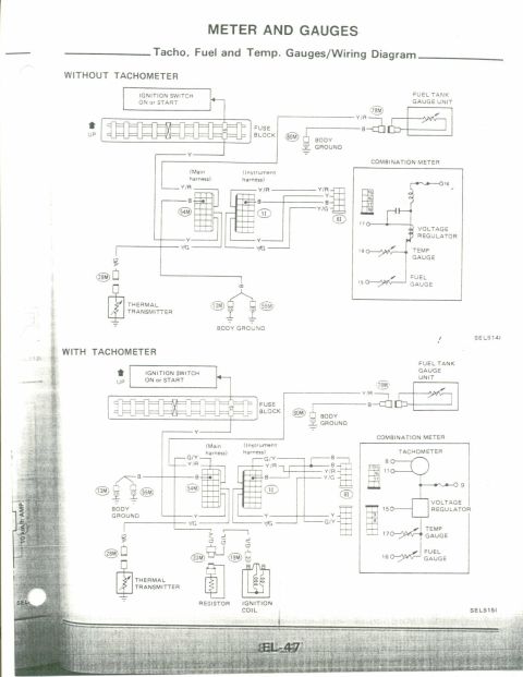 1990 Nissan Micra - This diagram details the wiring for a vehicle's meter and gauges, including fuel, temperature, and tachometer circuits.