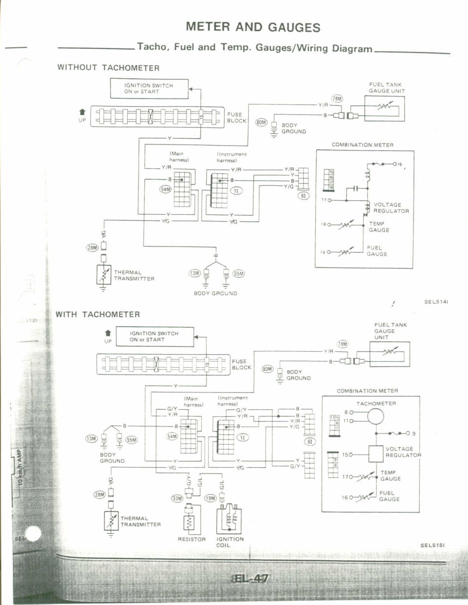 Tacho, Fuel and Temperature Gauges Wiring Diagram, with and without tachometer (Nissan FSM EL-47)