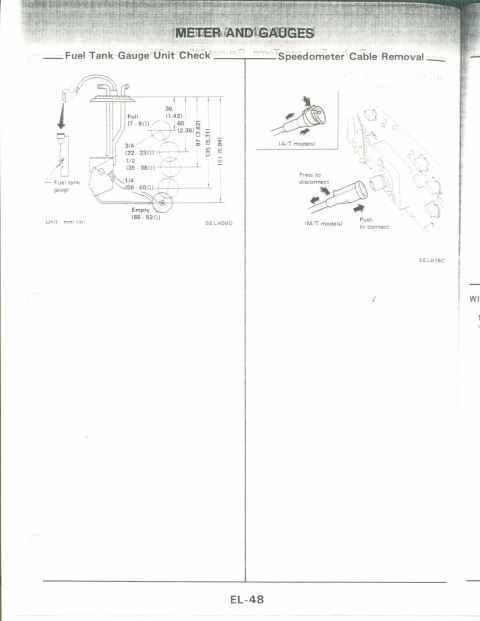 1990 Nissan Micra - Service manual page detailing fuel tank gauge unit check and speedometer cable removal.