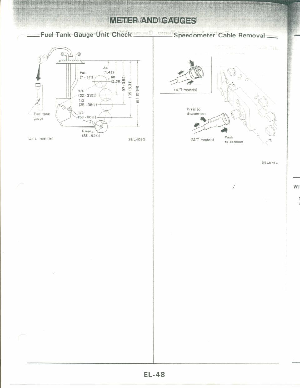 Fuel tank gauge unit check and speedometer cable removal instructions