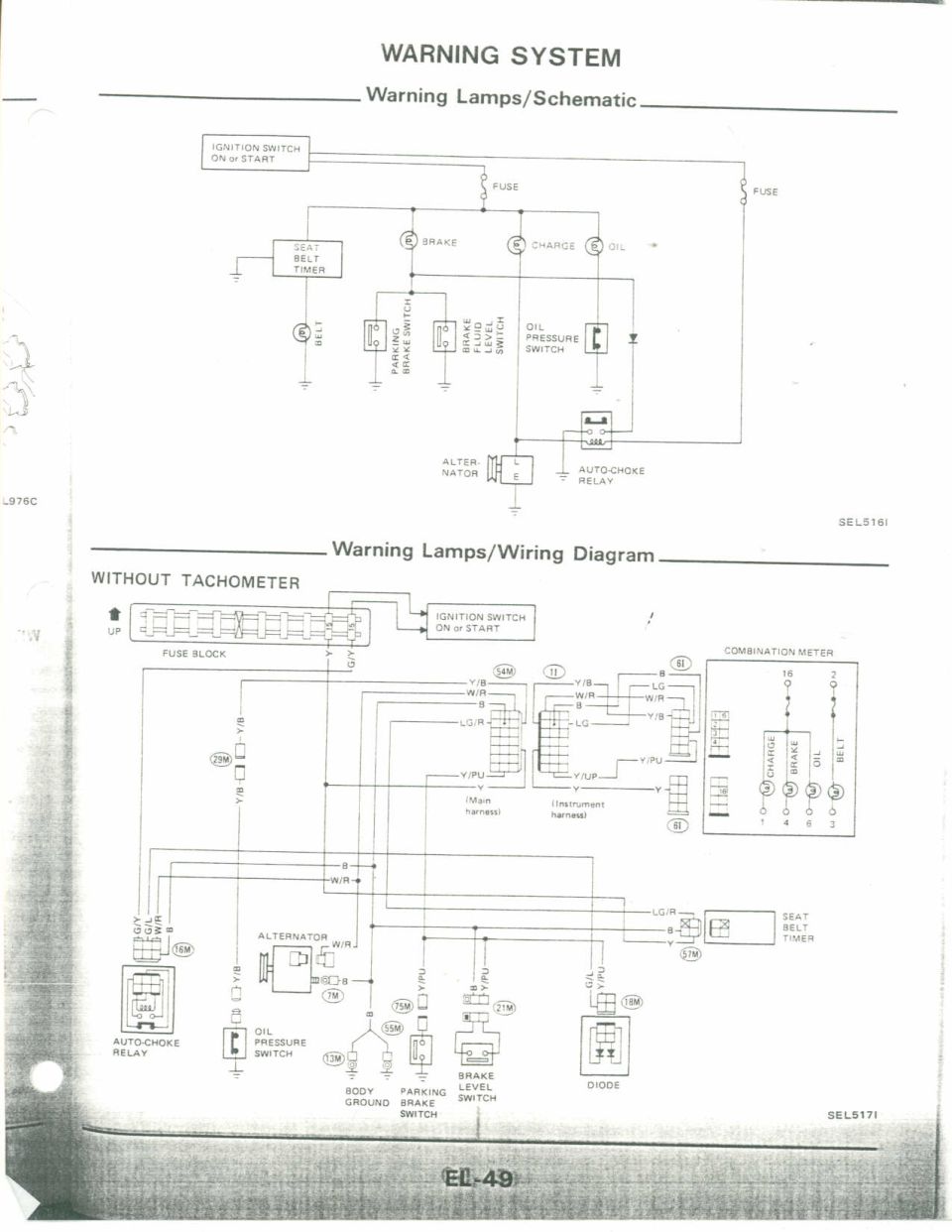 Warning Lamps Schematic and Wiring Diagram, brake/charge/oil warning circuit (Nissan FSM EL-49)