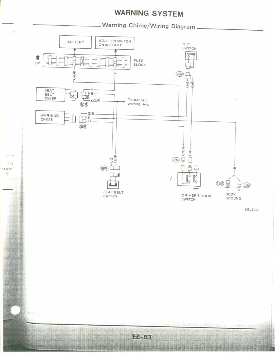 Warning Chime Wiring Diagram, seat-belt and key-in chime circuit (Nissan FSM EL-53)
