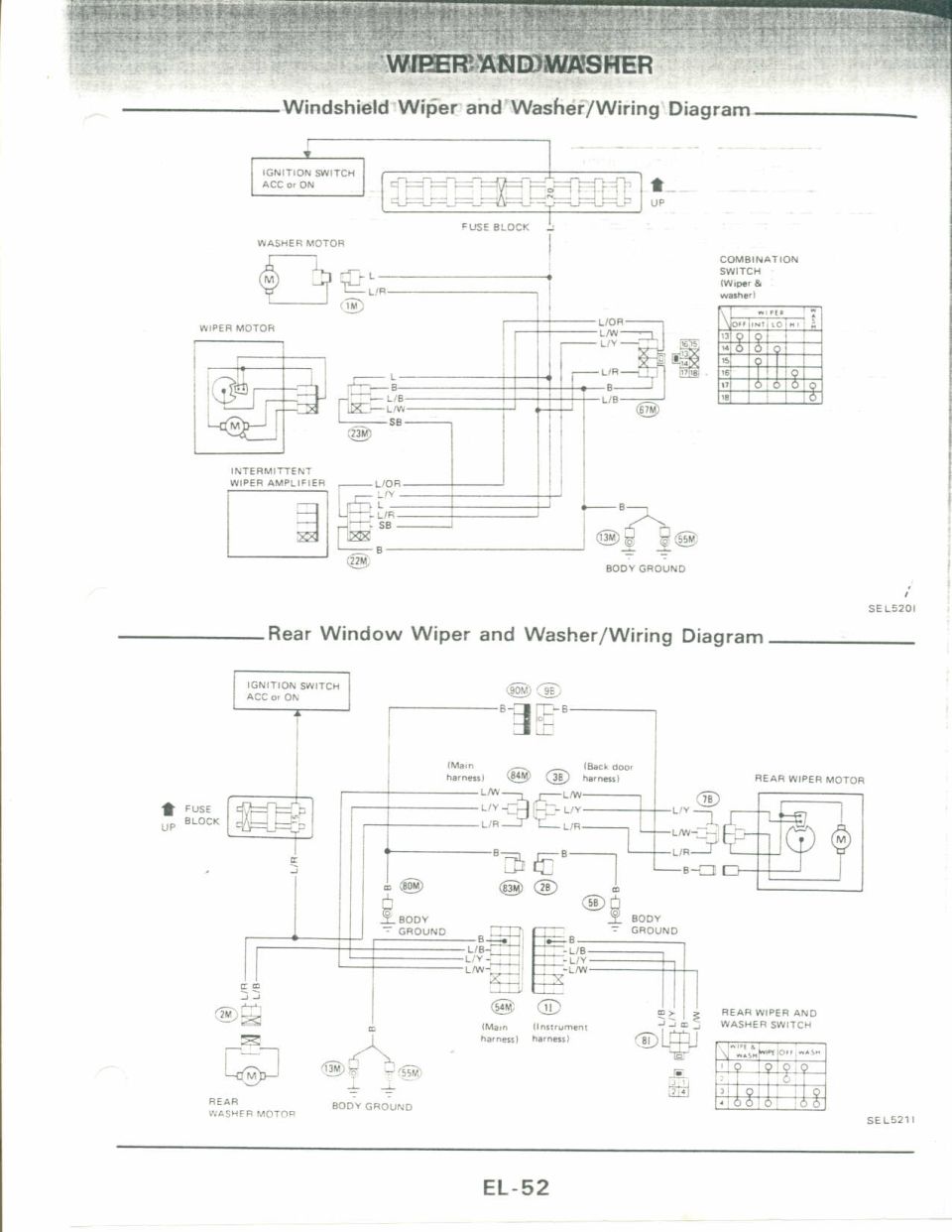 Windshield Wiper/Washer and Rear Window Wiper/Washer Wiring Diagrams (Nissan FSM EL-52)