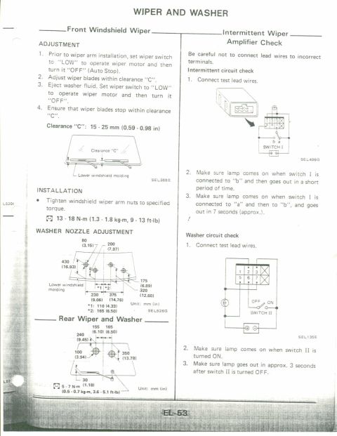 1990 Nissan Micra - This document details the adjustment and installation procedures for front and rear wiper and washer systems, along with intermittent wiper…