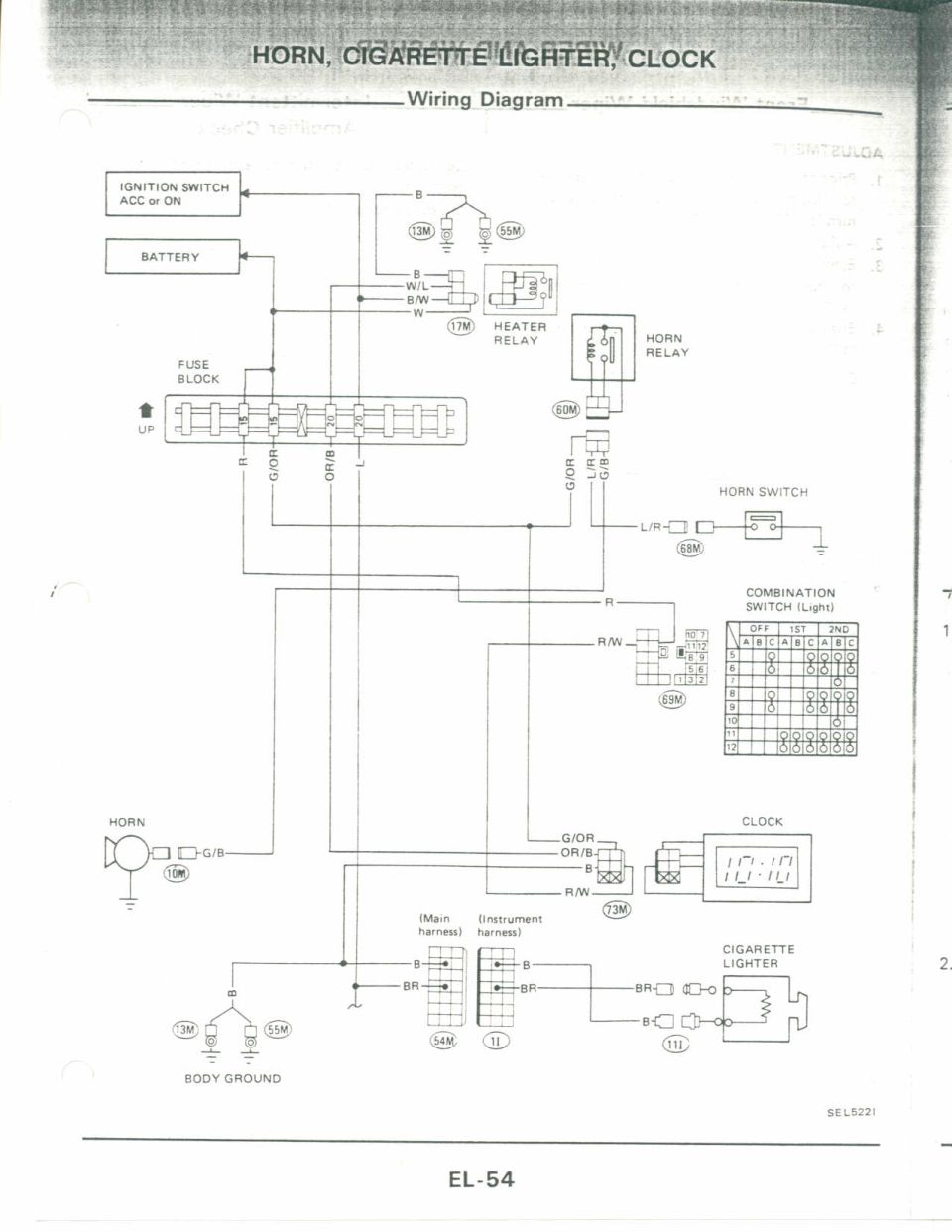 Nissan horn cigarette lighter clock wiring diagram EL-54