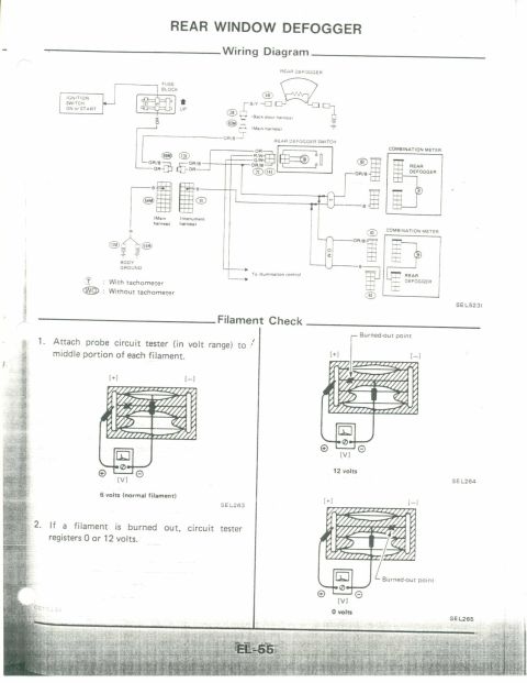 1990 Nissan Micra - This diagram illustrates the wiring for a rear window defogger and how to test its filaments.