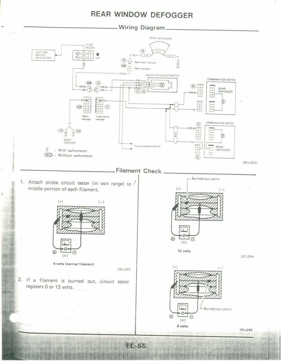 Rear Window Defogger Wiring Diagram and grid filament voltage-check procedure (Nissan FSM EL-55)