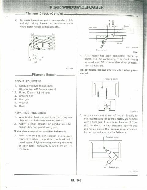 1990 Nissan Micra - Service manual page details filament check and repair procedures for a rear window defogger.
