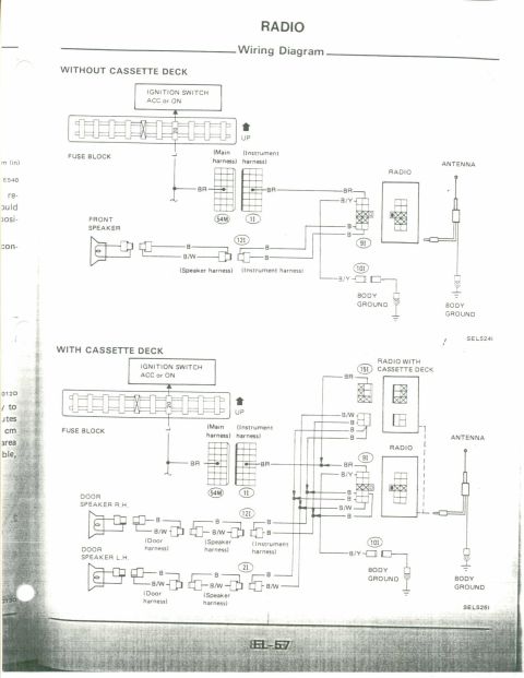 1990 Nissan Micra - This diagram illustrates the wiring for a vehicle's radio system, detailing connections for both models with and without a cassette deck.