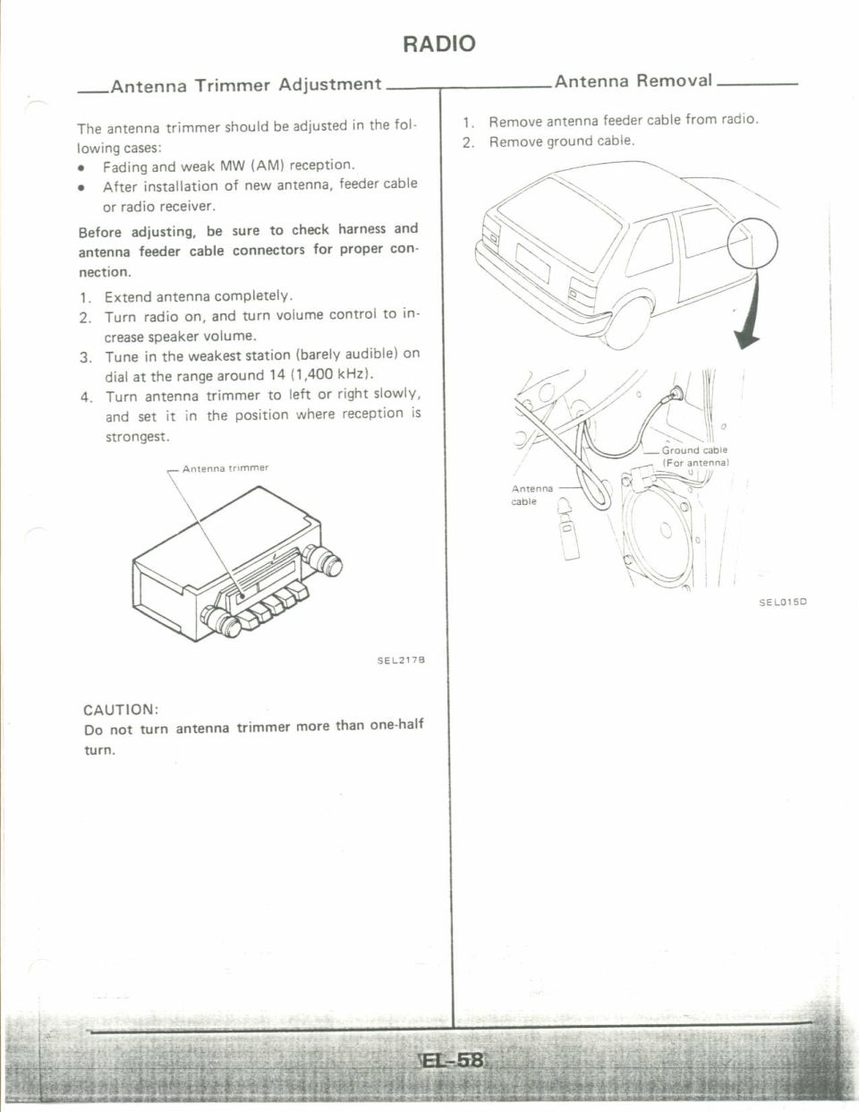 Nissan radio antenna trimmer adjustment and antenna removal EL-58