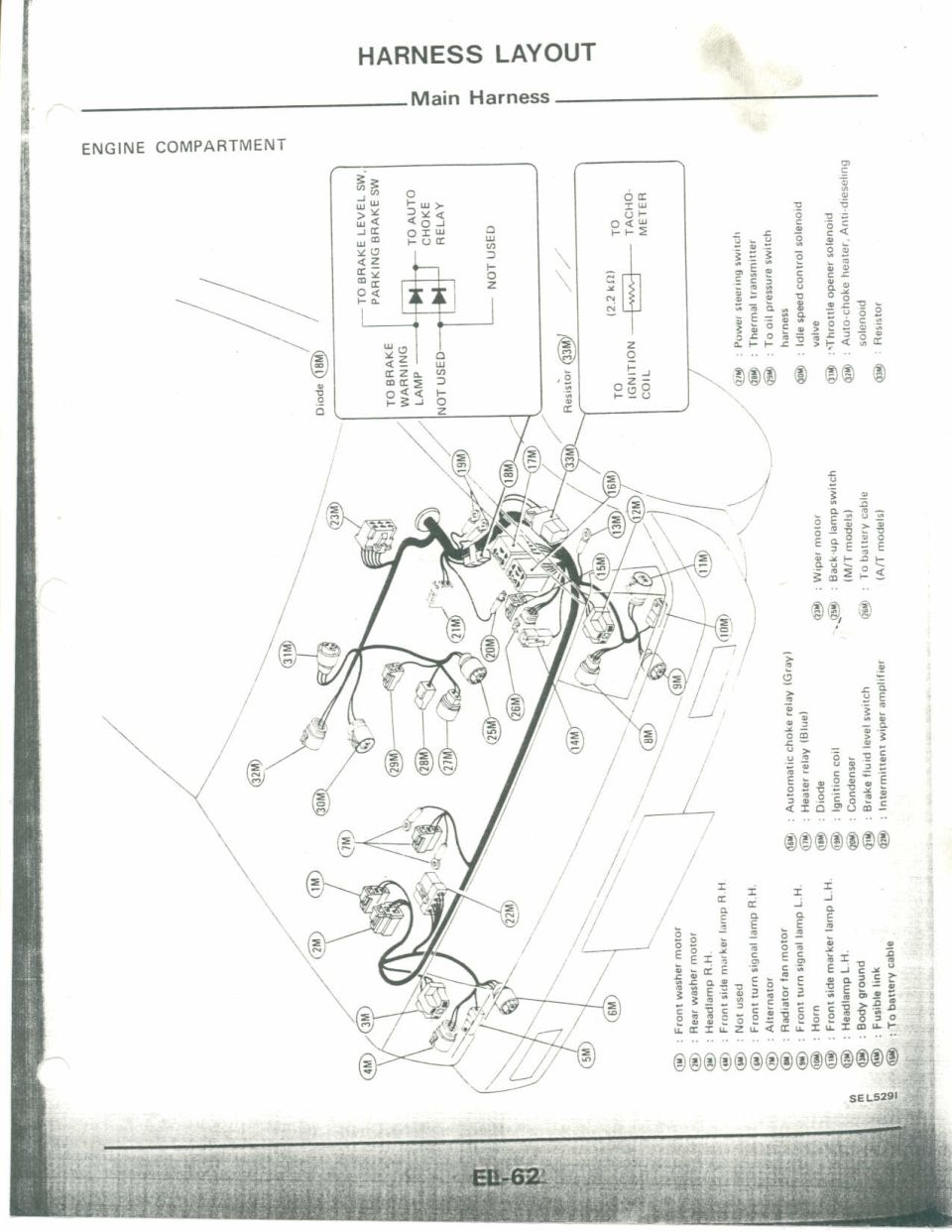 Main harness layout for the engine compartment with numbered connector callouts