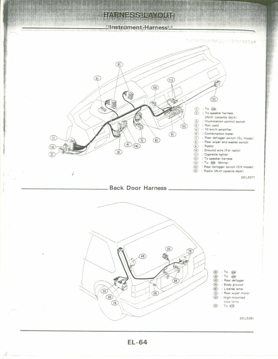 Nissan instrument and back door harness layout connector map EL-64