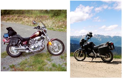 1976 Ford F-150 - Two motorcycles are shown, one a cruiser and the other a touring bike, set against different scenic backdrops.