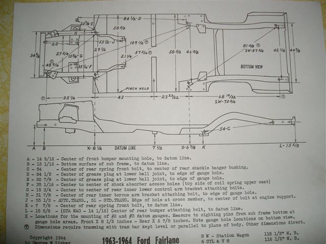 Dimensioned frame blueprint for a 1963-1964 Ford Fairlane with datum line measurements