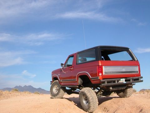 1984 Ford Bronco - This lifted Ford Bronco is parked on a dirt road under a clear blue sky.