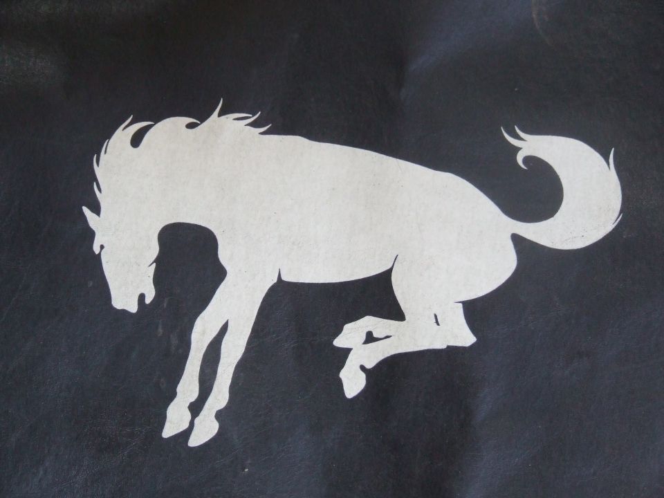 White bronco horse logo on black background