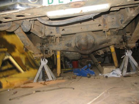 1981 Ford Bronco - Undercarriage of a vehicle, showing the rear axle, leaf springs, and shocks, supported by jack stands.