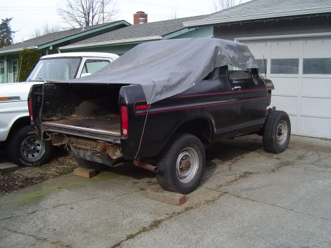 1979 Ford Bronco - Rear view of a black 1979 Ford Bronco, partially covered by a tarp, parked next to a white truck.