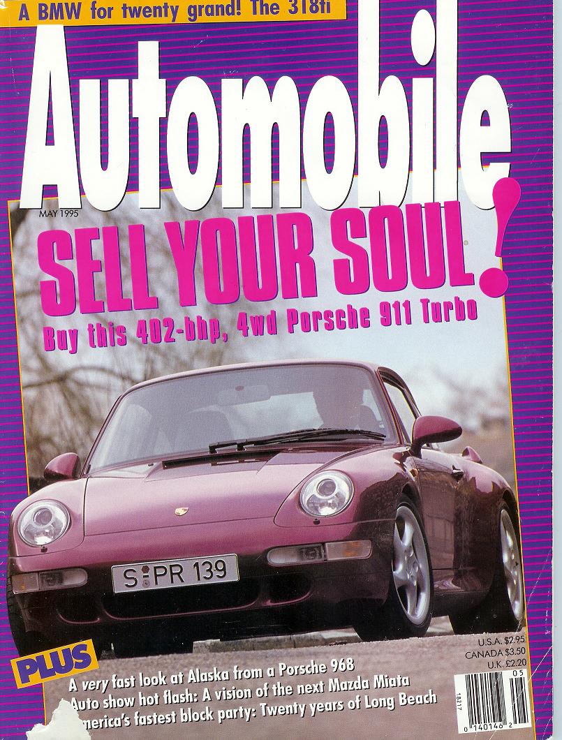Automobile magazine May 1995 cover with maroon Porsche 911 coupe, front 3/4 view