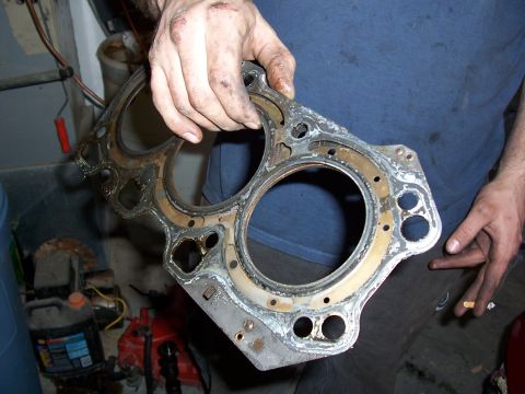 1996 Ford Probe - A person holds a used engine head gasket, showing signs of wear and tear.