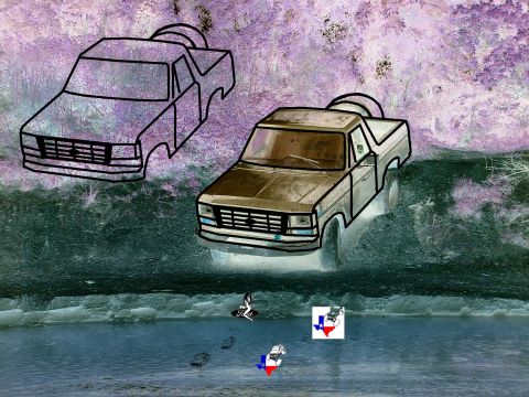 1993 Ford Bronco - A rendered truck and an outlined truck are depicted in a surreal watery environment, complete with a surfer and Texas flag graphic.