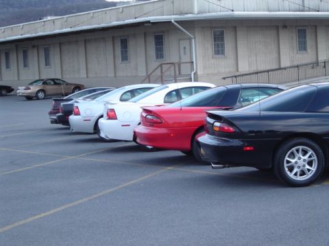 2002 Chevrolet Camaro - A row of sports cars, including Camaros and a Mustang, are parked in an outdoor lot.