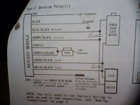 1994 Ford Bronco - Wiring diagram showing Type C reverse-polarity hookup of a keyless module to a power door lock motor with color-coded lock/unlock wires and…