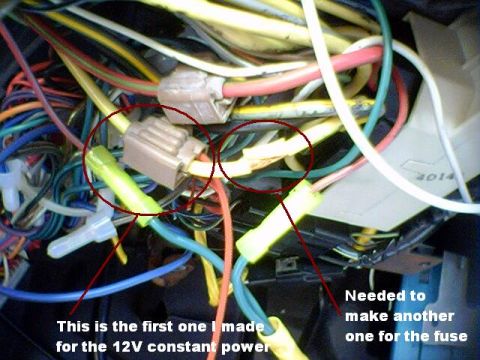 1994 Ford Bronco - Vehicle wiring harness with connectors and text indicating modifications for 12V constant power.