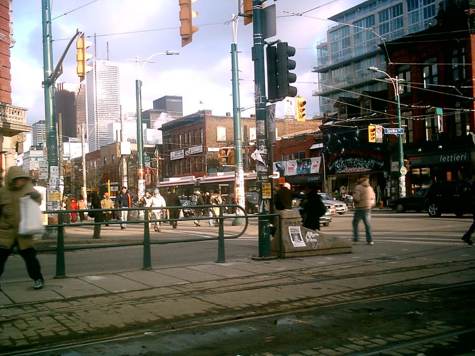 Street scene in Toronto with pedestrians and buildings