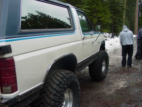 1986 Ford Bronco - This 1986 Ford Bronco features a two-tone paint scheme with blue pinstriping and is equipped with large off-road tires.