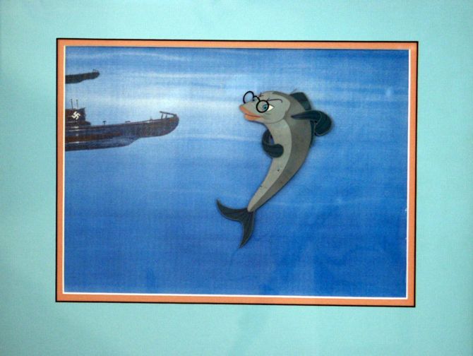 Cartoon dolphin with glasses and a submarine in a blue scene