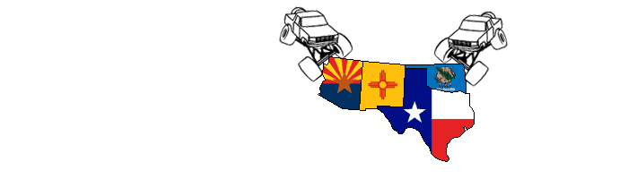 Logo graphic of Arizona, New Mexico and Texas state outlines filled with their flags, with two cartoon 4x4 trucks above