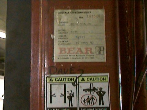 1977 Ford F-150 - Equipment label shows 'BEAR Automotive Service Equipment Company' and purchase date of 15 MAY 92.