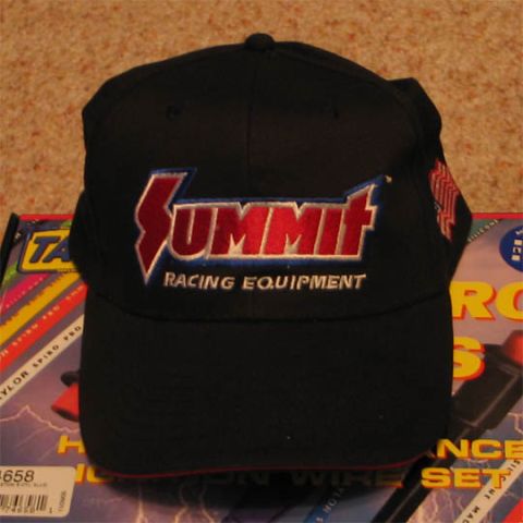 1994 Ford Bronco - A black baseball cap with the Summit Racing Equipment logo is shown, along with parts of product packaging.