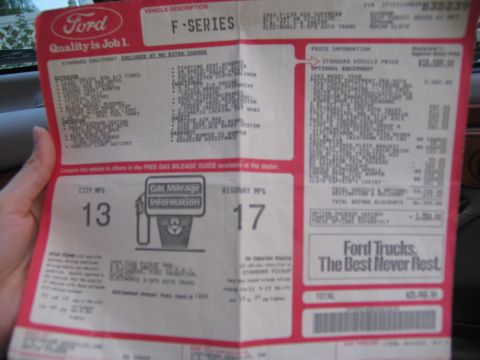 1995 Ford C-150 (Centurion Conversions) - This window sticker details the standard and optional equipment for a 1995 Ford F-Series truck.