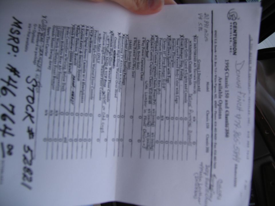 Centurion Vehicles 1995 Classic 150/350 options sheet with handwritten MSRP and stock number