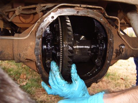 1988 Ford Bronco - Close-up of differential gears being worked on by gloved hands.