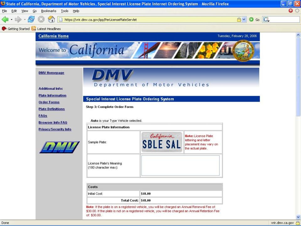 Screenshot of California DMV website for special interest license plate ordering