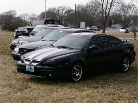 2001 Ford Crown Victoria - A black coupe with silver racing stripes is parked in a grassy lot alongside other vehicles.